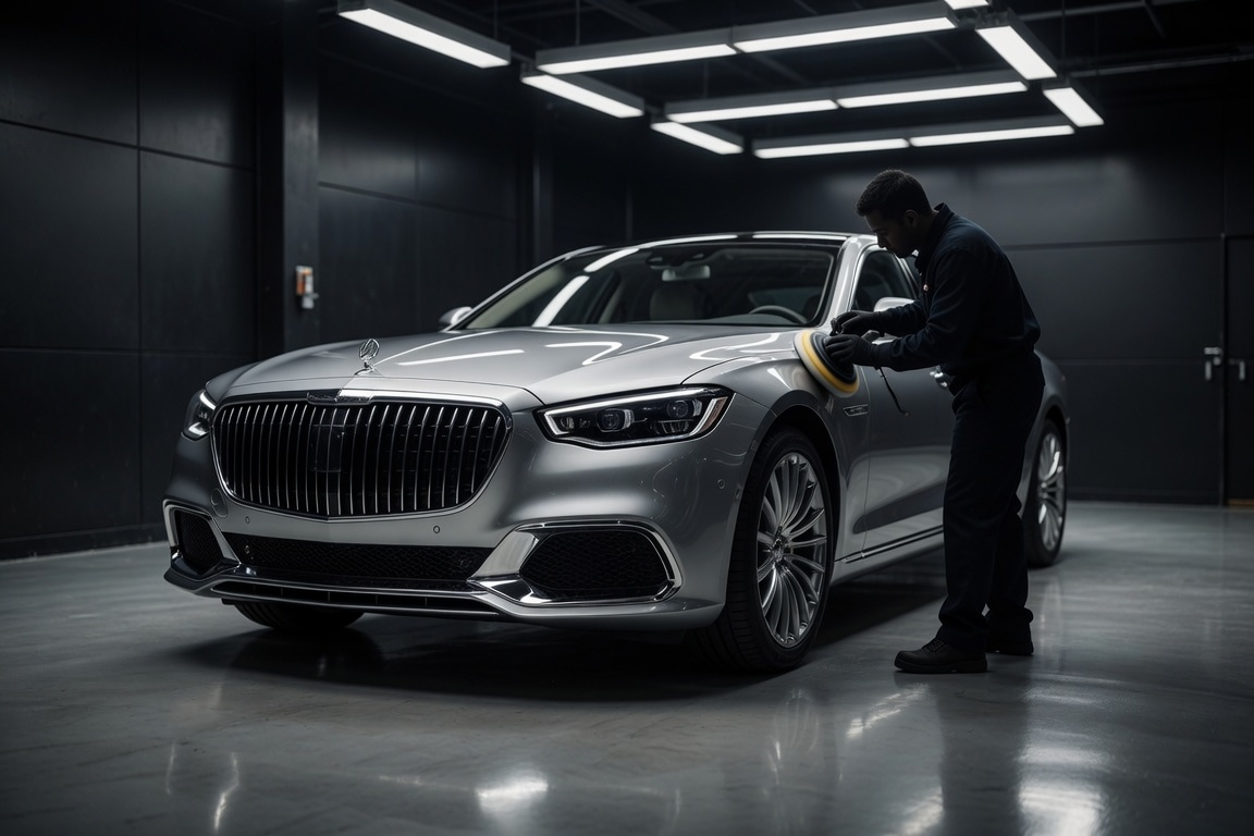 Silver luxury sedan being polished at J&H Collision Center